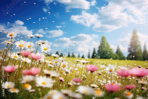 A captivating view of a field filled with daisies against a backdrop of a clear blue sky, Meadow with lots of white and pink spring daisy flowers and yellow dandelions in sunny day, AI Generated