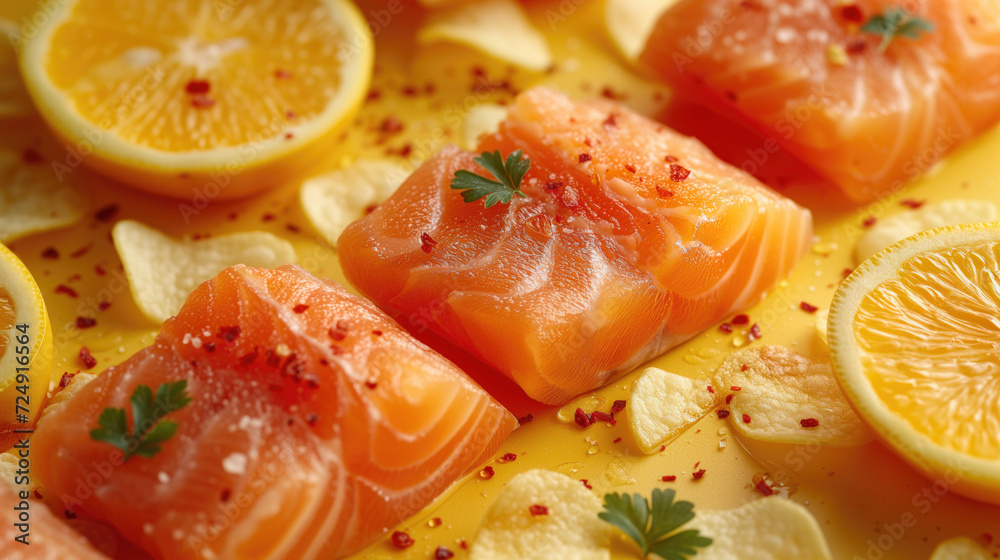 potato chips and Salmon fillet, cut into pieces on yellow background. potato chips and Salmon fillet, cut into pieces on yellow background.