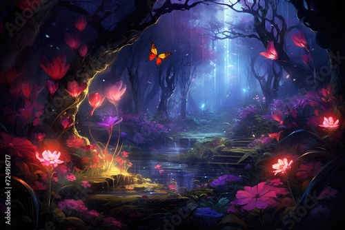 A vibrant painting depicting a forest filled with colorful flowers and graceful butterflies.  A stunning butterfly garden filled with multiple species  AI Generated