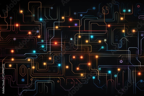 This captivating image showcases colorful lights and lines on a dark background, creating a mesmerizing display of vibrant illumination., Neon circuit pattern on a dark background, AI Generated