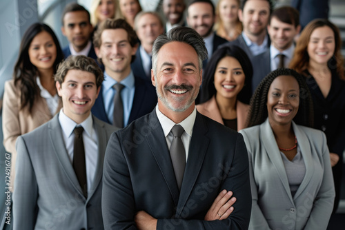 A group of business professionals smiling broadly while facing the camera.