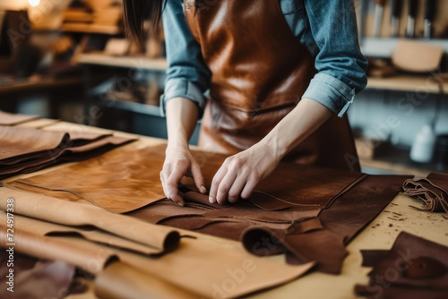 Cropped hands of a female leathercraft artisan working with genuine leather, skillfully processing and crafting cuts of leather.