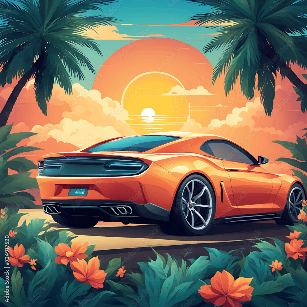 tropical summer time vacation car vector illustration with summer background