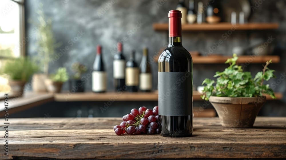 Bottle of old red wine with grapes on wooden table. Expensive elegant alcohol drink. Luxury winery beverage at bar. Vintage booze with copy space label mock up. Blank empty mockup concept. Wine shop.