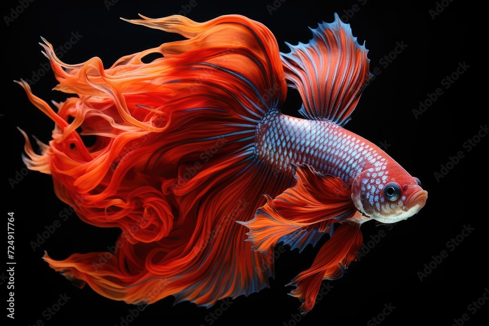 Fototapeta premium Vibrant Red and Yellow Fish Swimming Amidst Black Background with Artistic Fire and Water Elements, Grunge Texture, and Nature-inspired Design