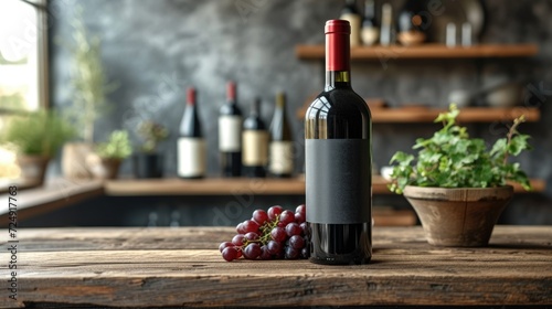 Bottle of old red wine with grapes on wooden table. Expensive elegant alcohol drink. Luxury winery beverage at bar. Vintage booze with copy space label mock up. Blank empty mockup concept. Wine shop.