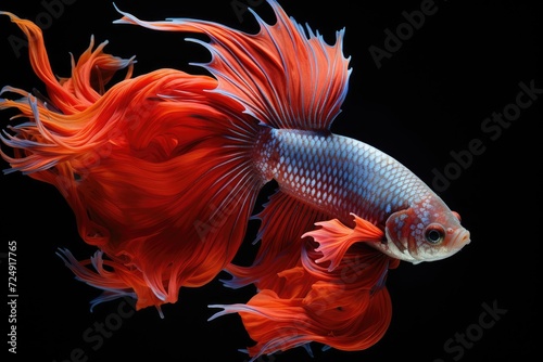 Vibrant Red and Yellow Fish Swimming Amidst Black Background with Artistic Fire and Water Elements, Grunge Texture, and Nature-inspired Design © Sumet