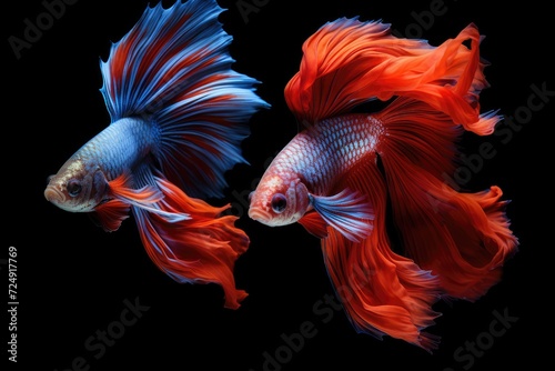 Vibrant Red and Yellow Fish Swimming Amidst Black Background with Artistic Fire and Water Elements, Grunge Texture, and Nature-inspired Design