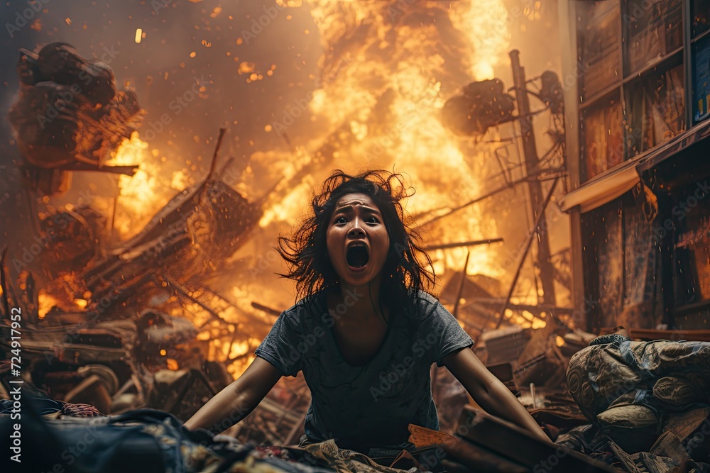 Dark Fantasy Warrior Woman Embraces the Fire's Beauty Amidst Night's Smoke and Danger Dark Fantasy Warrior Woman Embraces the Fire's Beauty Amidst Night's Smoke and Danger