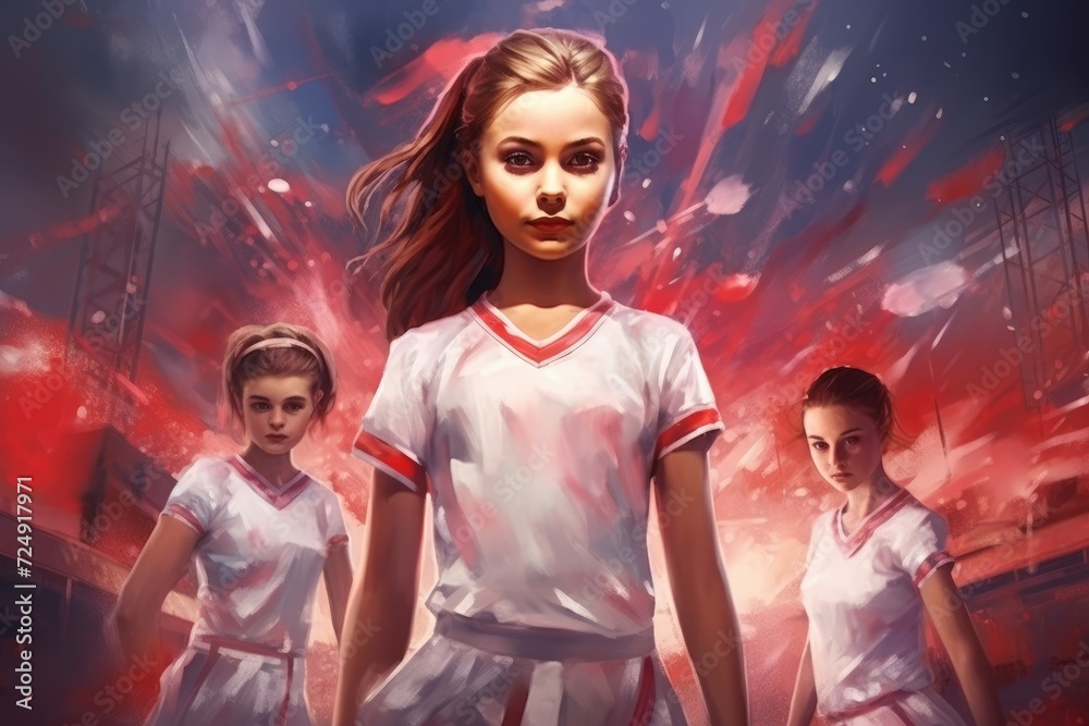 This painting captures the essence of two girls in white uniforms, creating a visually appealing and engaging artwork, portrait of young gymnasts competing in the stadium, AI Generated This painting captures the essence of two girls in white uniforms, creating a visually appealing and engaging artwork, portrait of young gymnasts competing in the stadium, AI Generated