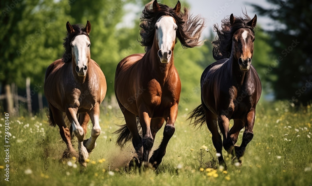 Brown and white horses running in a field Brown and white horses running in a field