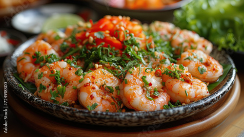 Chili paste poured over cooked shrimp in a dish looks delicious and gives a delicious and spicy feeling.