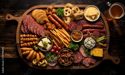 A wooden platter filled with different types of food