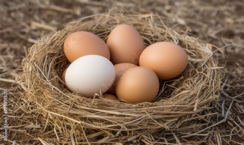 Four eggs in a nest of hay on a wooden table