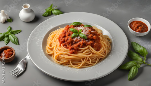 Pasta Spaghetti Bolognese in white plate on gray background.
