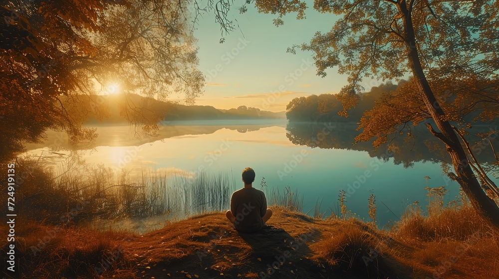 An individual in meditation at sunrise, sitting peacefully by a still lake surrounded by autumn trees reflecting on the water.