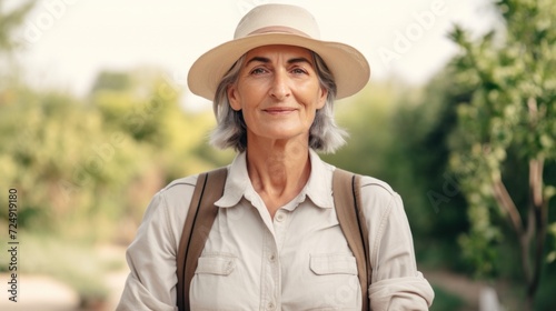 Horizontal portrait captures the joy of a senior lady surrounded by nature in her garden.