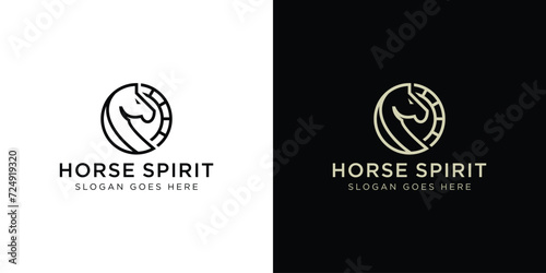 Circle Horse Spirit Logo. Horse Sun, Horse Farm Logo with Linear Outline Icon Symbol Vector Design Template. 