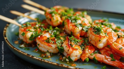 Juicy grilled shrimp skewers seasoned with herbs and spices on a ceramic plate, perfect for a healthy and flavorful meal.