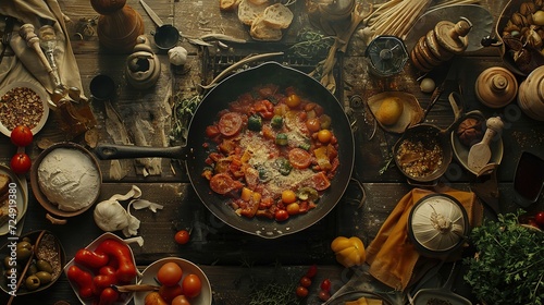 Overhead view of homemade rustic tomato sauce in a pan, surrounded by various fresh ingredients on a wooden kitchen table.
