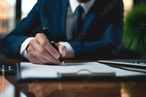 A business consultant lawyer carefully reviewing a contract and subsequently signing the necessary papers.