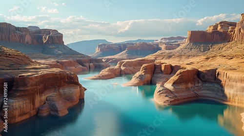 The tranquil waters of Lake Powell reflect the warm hues of the sunset, contrasting with the towering sandstone canyons in a stunning display of natural beauty.