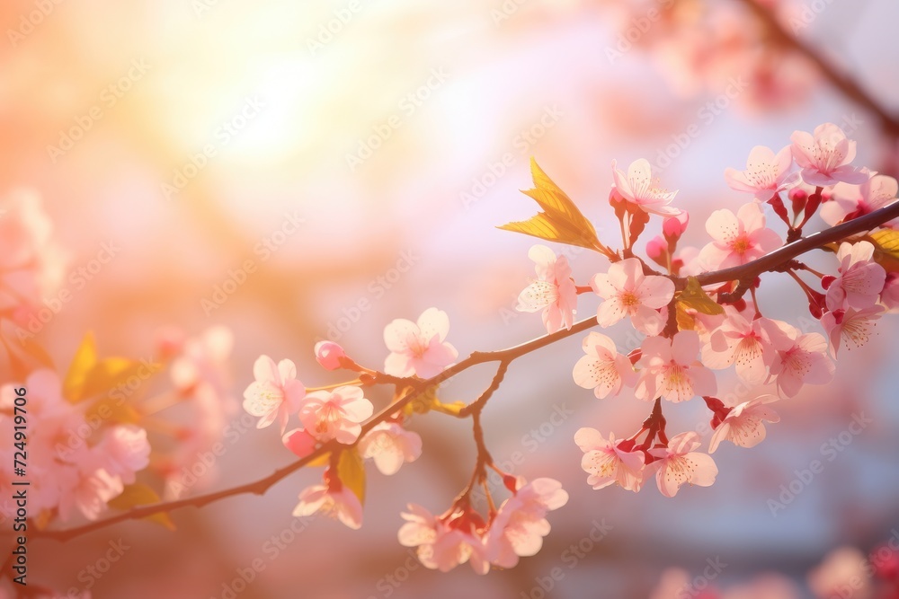 This photo showcases the exquisite beauty of a branch adorned with delicate pink flowers, Spring blossom background Nature scene with blooming tree and sun flare, AI Generated