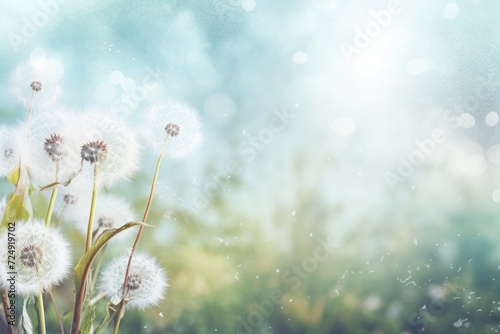 A captivating close-up shot showcasing a cluster of vibrant dandelions  fully bloomed  as they stand proud on a lush green grass backdrop  spring background with white dandelions  AI Generated