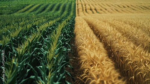 A stunning visual contrast of green corn and ripe golden wheat fields, showcasing the diversity of agricultural crops.
