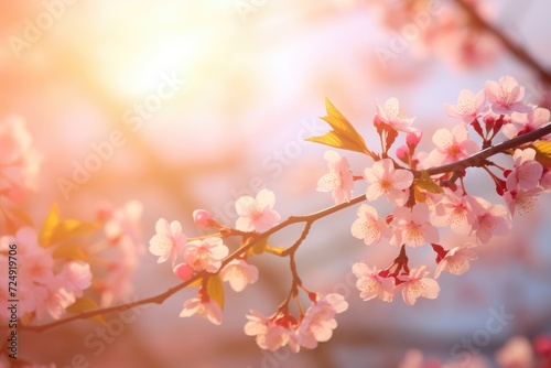 This photo showcases the exquisite beauty of a branch adorned with delicate pink flowers  Spring blossom background Nature scene with blooming tree and sun flare  AI Generated