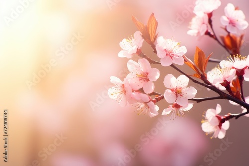 Branch With Pink Flowers on a Tree, Spring blossom background Nature scene with blooming tree and sun flare, AI Generated