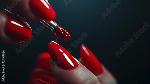 Close-up of a hand applying vibrant red nail polish to perfectly manicured nails, highlighting beauty and self-care. photo