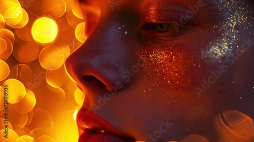A close-up portrait featuring golden glitter makeup on a woman's face with warm bokeh lights.