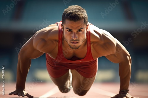 A man showcases his strength and endurance by performing push-ups on a track, Sprinter taking off from starting block on running track, AI Generated