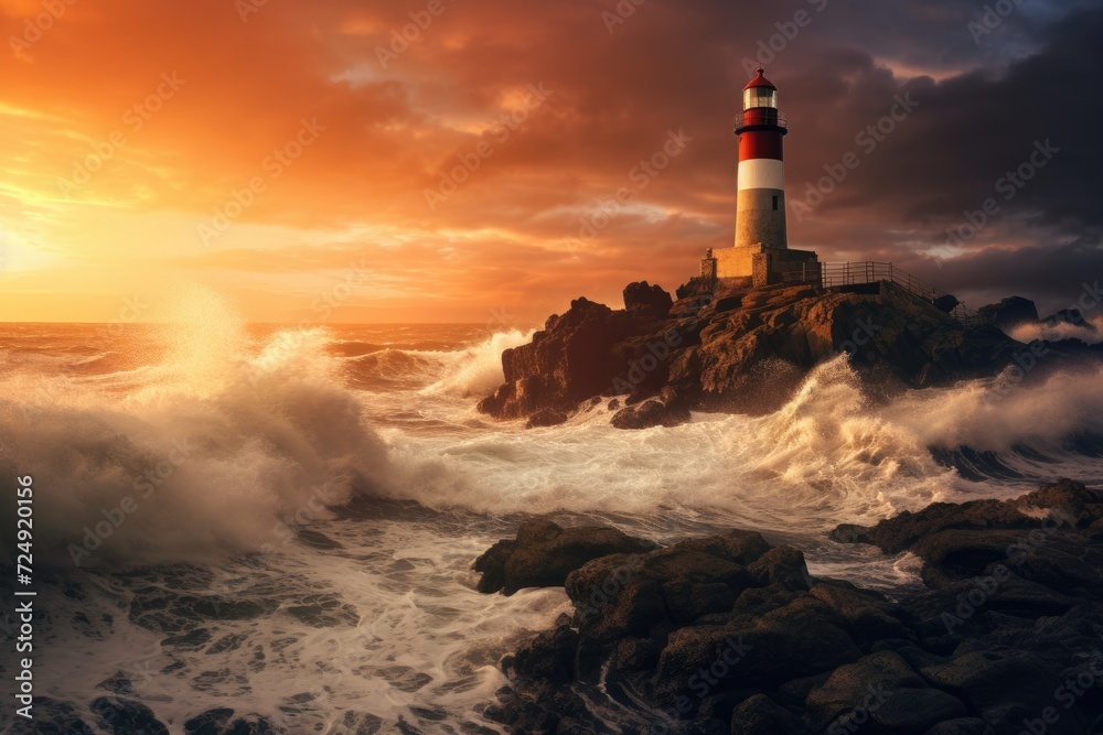 Lighthouse Perched on Ocean Rock, Guiding Ships to Safety, Sunset view of a lighthouse on a rocky cliff, with crashing waves below, AI Generated