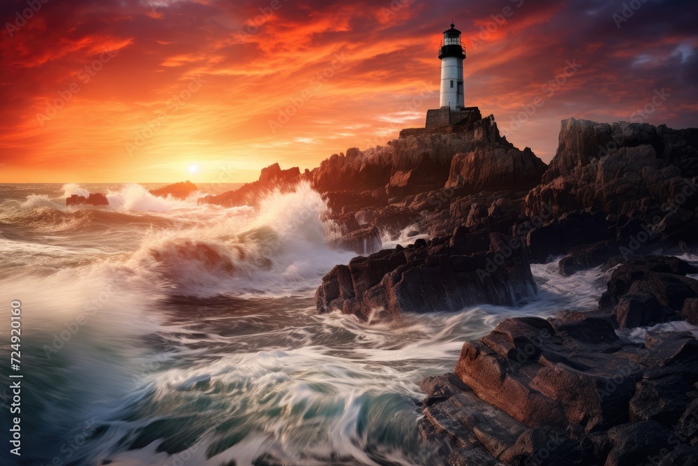 A stunning lighthouse stands tall on a rugged cliff, offering breathtaking views of the endless ocean, Sunset view of a lighthouse on a rocky cliff, with crashing waves below, AI Generated
