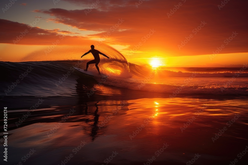 Witness the exhilarating moment as a fearless man effortlessly rides a massive wave atop his surfboard, Surf Sunset, AI Generated