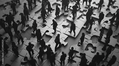 Monochrome image of human silhouettes standing on jigsaw puzzle pieces, portraying a concept of social connection and complexity.