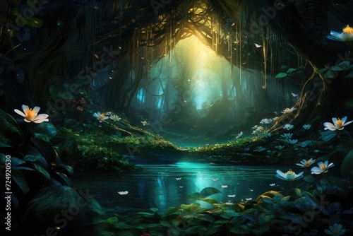 A beautiful painting depicting a serene forest landscape adorned with vibrant water lilies  The heart of a dense  mystic rainforest with glowing flora  AI Generated