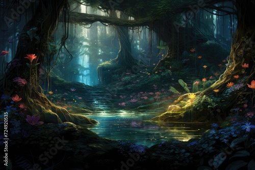 A vibrant painting showcasing a serene forest filled with colorful flowers and a flowing stream  The heart of a dense  mystic rainforest with glowing flora  AI Generated