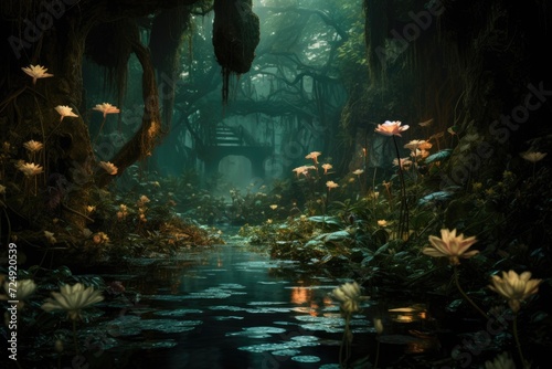 A calming stream meandering through a lush forest  adorned with an abundance of delicate water lilies  The heart of a dense  mystic rainforest with glowing flora  AI Generated