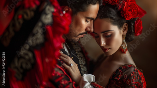 Spanish couple in flamenco traditional costume. 