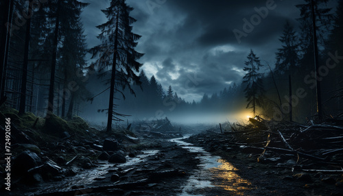 Mysterious forest, dark night, spooky beauty in nature generated by AI