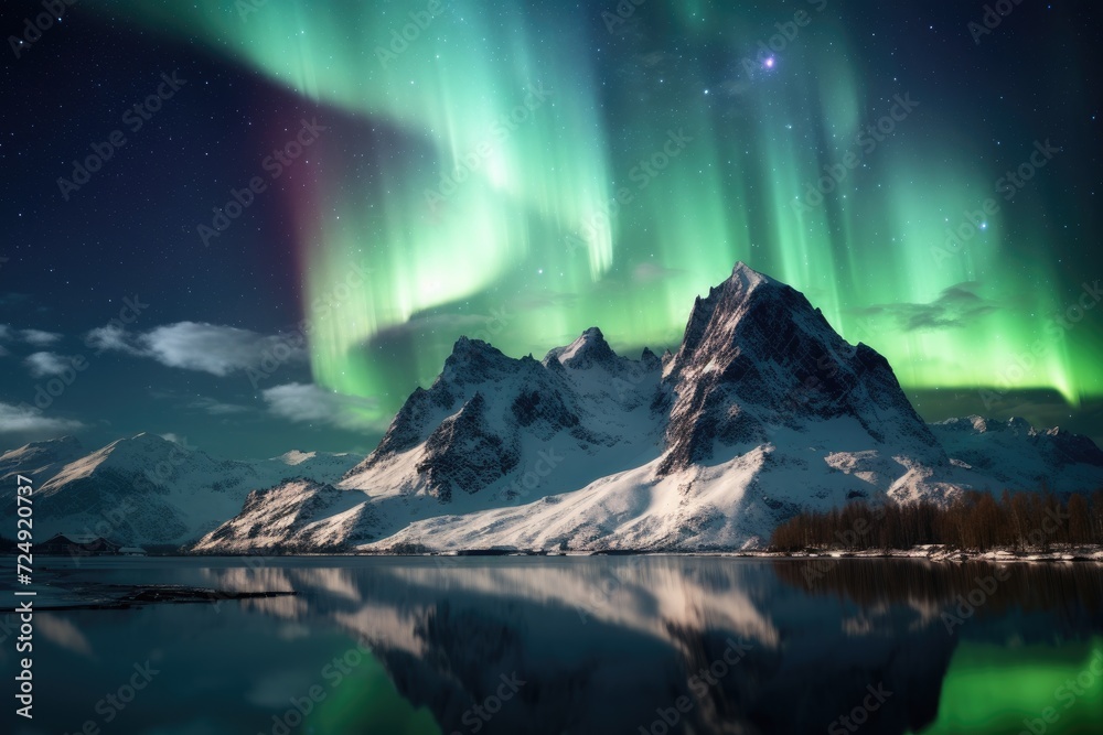 A stunning mountain landscape adorned with mesmerizing green and purple aurora lights, The northern lights over a snow-capped mountain range, AI Generated