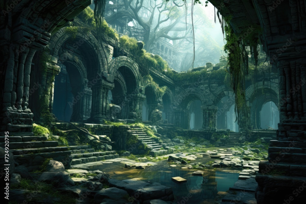 Immerse yourself in the breathtaking sight of a cave adorned with vibrant moss, creating a serene and enchanting atmosphere, The ruins of an ancient city being reclaimed by nature, AI Generated Immerse yourself in the breathtaking sight of a cave adorned with vibrant moss, creating a serene and enchanting atmosphere, The ruins of an ancient city being reclaimed by nature, AI Generated