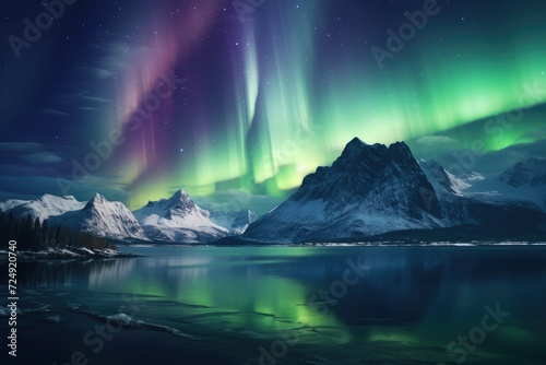 Witness the breathtaking beauty as the vibrant colors of the aurora borealis illuminate the serene mountain lake  The northern lights over a snow-capped mountain range  AI Generated