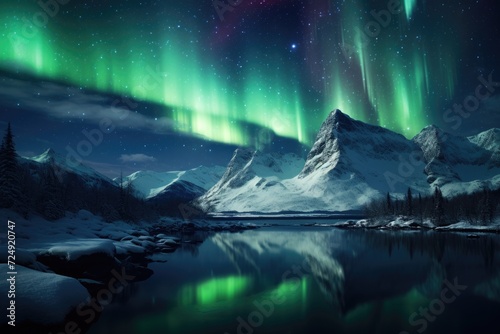 Astonishing Aurora Borealis Illuminates Majestic Mountain Range With Serene Lake, The northern lights over a snow-capped mountain range, AI Generated