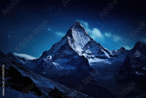 This breathtaking photo captures the serene beauty of a snow-covered mountain beneath a sparkling night sky, The peak of Mount Everest against a starry night sky, AI Generated © Iftikhar alam
