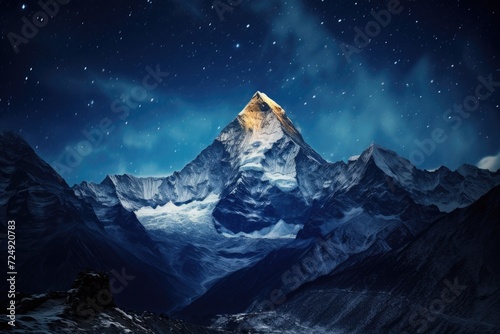 A stunning photograph capturing the beauty of a snowy mountain against a clear night sky adorned with shimmering stars, The peak of Mount Everest against a starry night sky, AI Generated