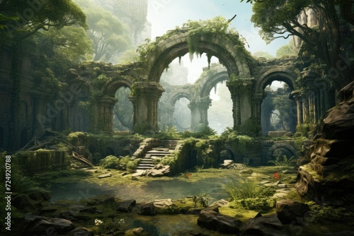 A haunting painting capturing the beauty and melancholy of a decaying building engulfed by a lush forest, The ruins of an ancient city being reclaimed by nature, AI Generated